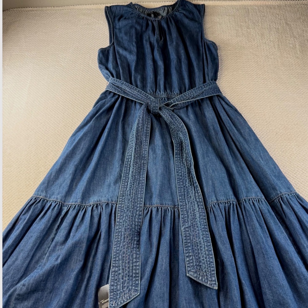 Lauren Ralph Lauren Denim Maxi Dress Sleeveless Tiered Cotton $145 Size 16 NWT